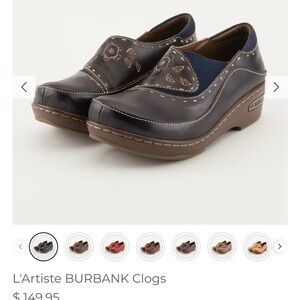 L'Artiste Womens Burbank Navy Brown Slip-On Clogs with Embossed Floral Accents